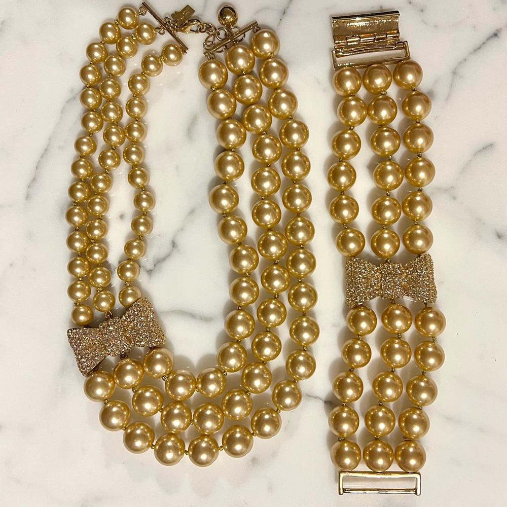 Kate Spade Gold Bow Pearl Rhinestone Necklace Bracelet